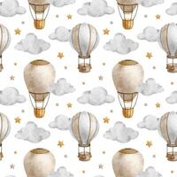 Hot Air Balloon with basket, clouds and stars. Watercolor seamless pattern. Cute baby background. For kid's goods, clothes, textile, postcards, baby shower, wallpaper and children's room vector