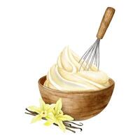 Preparation of cream for desserts. Sweet cream. Whipped cream, vanilla, whisk. Isolated Watercolor illustration of Baking ingredients. Clipart for recipe book, food blog, design of label,packaging vector