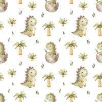 Cute green dinosaurs and Palm trees. Childish background of tyrannosaurus rex. Print with dino. Watercolor seamless pattern for design kid's goods cards, postcards, fabric, scrapbook, office supplies vector