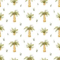 Palm trees and leaves in baby style. Tropical botanical background. Watercolor seamless pattern for design kid's goods cards, postcards, fabric, scrapbooking, office supplies vector