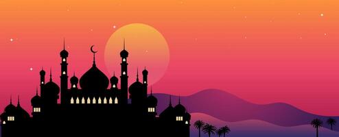 panoramic background with a beautiful mosque silhouette in the afternoon vector