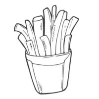 Hand drawn doodle of french fries in a paper pack. vector