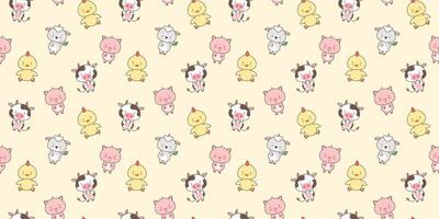 Seamless pattern with cute farm animals sheep piggy chicken cow. Cute animals in kawaii style. Drawings for children. vector illustration