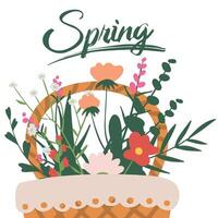 Spring card with typography and flower illustrations. Hello spring card with decorative floral frame, vector illustration, decorative florid background with copy space