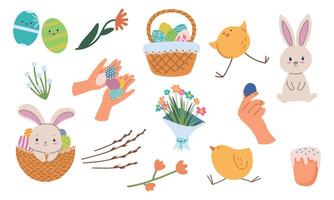 Cartoon vector easter set with fllowers, characters and other attributes