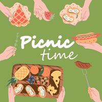 picnic en el parque. personas compartir delicioso comida frutas, verduras, empanadas, bollos, Pizza. tarjetas antecedentes espacio para texto. ver desde arriba. plano diseño estilo. vector ilustración
