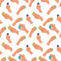 Seamless spring pattern Hands holding modern painted easter eggs. Selective focus. Toned picture vector