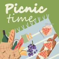 Picnic in the park. Basket of delicious food fruits, vegetables, pies, buns. Cards. Background space for text. View from above. Flat design style. Vector illustration