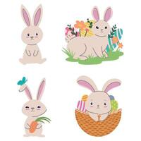 Happy Easter. Cute Easter bunny sitting in a basket, juggling with easter eggs, decorated Easter Egg, throws eggs. Vector illustration. Set. Isolated on white background