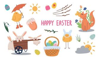 Big collection of Happy Easter objects. Cartoon style design vector illustration. Set of spring religious christian colorful items.