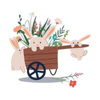 Happy Easter. Easter banny sits in garden cart with flowers and eggs. Vector illustration on white background.