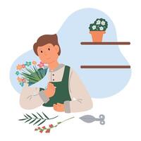 Flower shop owner. Isolated vector florist seller man in apron working and making bouquet at shop counter with flowers in buckets. Store owner person business