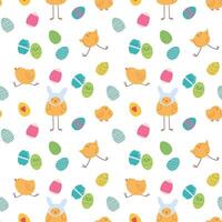 Seamless easter pattern background with chicks in eggs graphic holiday design cartoon chicken bird vector illustration
