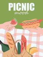 Picnic in the park. Basket of delicious food fruits, vegetables, pies, buns. Cards. Background space for text. View from above. Flat design style. Vector illustration