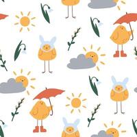 Cute spring seamless pattern with sun, clouds, birds and flowers. Flat vector illustration in cartoon style. Adorable childish pattern for fabrics, textiles, packaging, background.