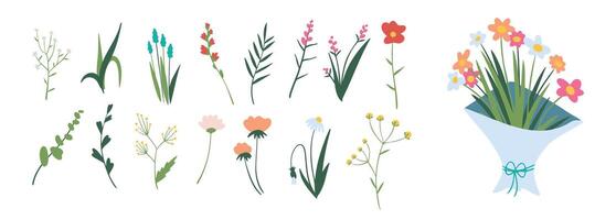 minimalista primavera florales vector ilustración colocar. dibujos animados sencillo flores, hojas, almuerzos, plantas