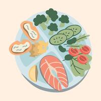 Healthy plate vector isolated. Inforgaphic of a proper diet, healthy nutrition. Balanced, full of protein, fruits and vegetables diet. Educational information