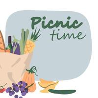 productos para un picnic, vegetales y frutas en un papel bolsa, Fresco comida para un picnic. bandera, marco para texto vector