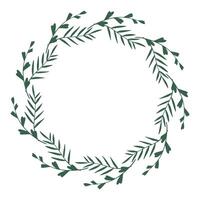 Laurel or wreath made of wild flowers, twigs and herbs. Round floral frame great to place any text, quote or logo. Rustic design great for summer or spring event. Vector illustration isolated.