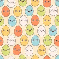 Seamless pattern with trendy retro cartoon Easter egg characters. Groovy style, vintage. Happy Easter. vector