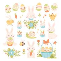 Easter set with painted eggs, rabbits, chickens, flowers, cupcakes. Easter and spring elements. vector