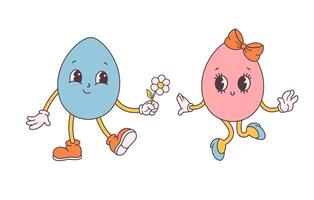 Trendy retro cartoon Easter egg character. Groovy style, vintage. Happy Easter. vector