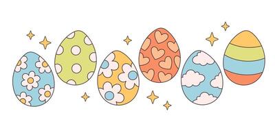 Trendy groovy Easter eggs in retro style. Happy Easter vector