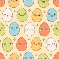 Seamless pattern with trendy retro cartoon Easter egg characters. Groovy style, vintage. Happy Easter. vector