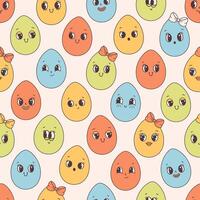 Seamless pattern with trendy retro cartoon Easter egg characters. Groovy style, vintage. Happy Easter. vector