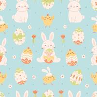 Easter seamless pattern with painted eggs, rabbits, chickens, flowers. Easter and spring elements. vector