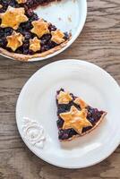 Portion of mince pie on the wooden background photo