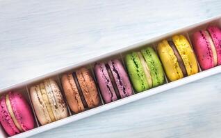 Box of colorful macarons photo