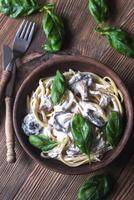 Portion of creamy mushroom linguine photo