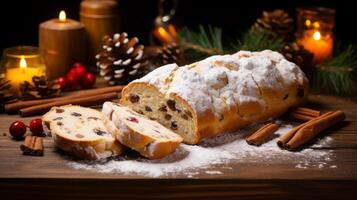 AI generated Christmas Stollen Bread with Festive Decorations photo