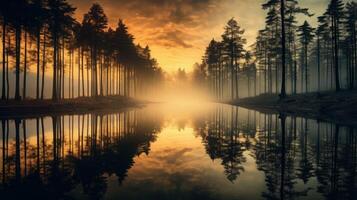 AI generated Sunrise Reflection on Calm Lake with Trees photo