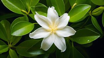 AI generated White Tiare Flower with Raindrops on Petals photo