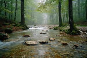 ai generado otoñal bosque río escena foto