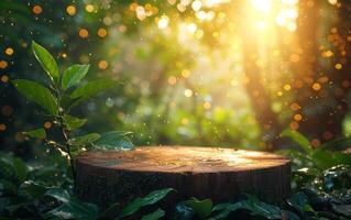 ai generado encantado rayos de sol iluminar árbol tocón en verde bosque foto