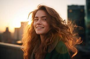 ai generado un joven mujer sonriente mirando fuera a el ciudad a puesta de sol foto