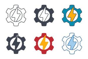 Gear with lightning icons with different styles. Electrical or mechanic industrial. Gear wheel energy symbol vector illustration isolated on white background