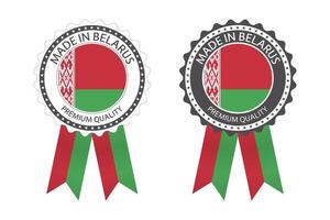 Two modern vector Made in Belarus labels isolated on white background, simple stickers in Belarusian colors, premium quality stamp design, flag of Belarus