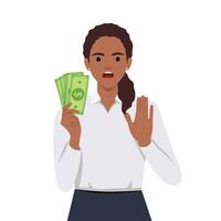 Woman with hand gesturing no or stop while holding money. No gamble or wrong investment vector