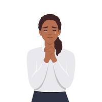 Young girl with folded hands and closed eyes, crying, asking for forgiveness. vector