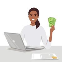 Successful businesswoman with green banknote money. vector