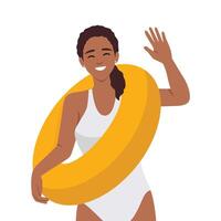 Smiling woman lifeguard in swimsuit posing with inflatable ring. Happy female guard in swimwear with lifebuoy vector
