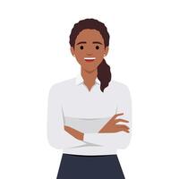 Confident and beautiful young woman in smart casual wear keeping arms crossed and smiling. Portrait of a young smiling woman. Woman folded hands. vector