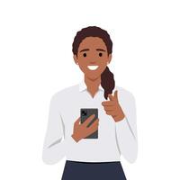 Young woman holding smart phone and pointing forward as she is asking you to join. vector