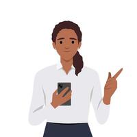 Smiling young woman hold cellphone point at screen. Happy girl with smartphone in hands show with finger at camera make choice vector