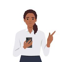 Smiling young woman hold cellphone point at screen. Happy girl with smartphone in hands show with finger at camera make choice vector