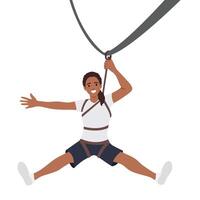 Woman doing rope slide ride. Hand on line over crossing cliff. Zip line rope concept banner. Cartoon illustration of zip line rope vector concept banner for web design